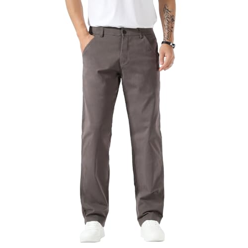 Plaid&Plain Men's Casual Pants Straight Fit Stretchy Elastic Waist Cargo Chinos-9901-Grey-32X32