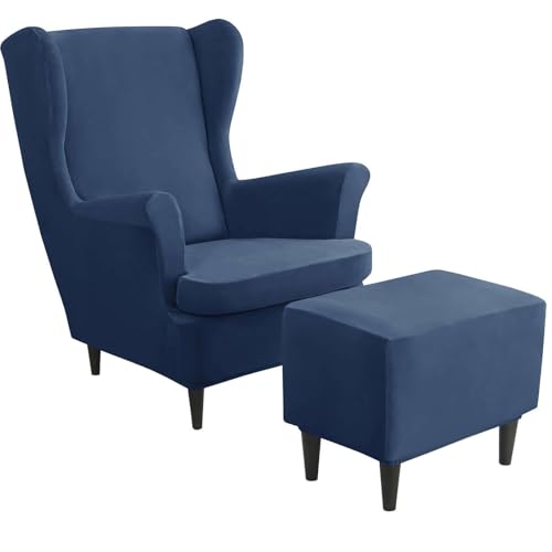 Fundas de terciopelo azul marino para sillón orejero y otomana pack de 2 piezas elásticas