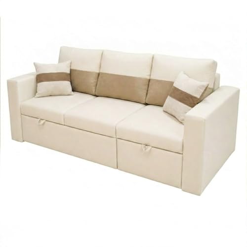 Image of FURNY Soria 4 Seater RHS Lounger Sofa Cum Bed (Cream-Beige) with Pull-Out Function | Luxury Velvet Suede Finish | Durable Comfort | Ideal for Living Room