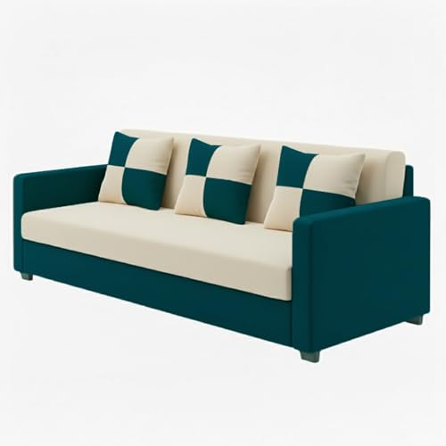 Image of FURNY Ameno 3 Seater Fabric Sofa Set (Cream-Greenish Teal) Premium Velvet Finish | Durable Comfort Ideal for Living Room