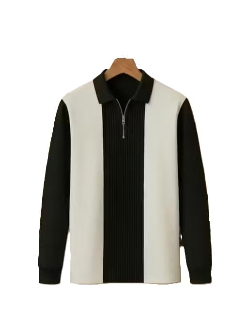 Men’s Modern Color-Block Quarter-Zip Polo Sweater | Long Sleeve Ribbed Knit Pullover | Cotton Blend | Black & White Multi 2 S-picture-16