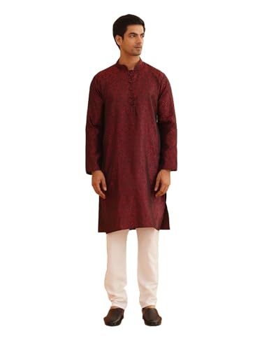 Image of SOJANYA (Since 1958 Men's Silk Blend Self Design Maroon Kurta and Churidar Pyjama Set