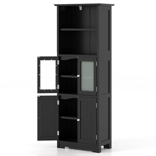LIFEZEAL Armario Alto, Armario Independiente de Suelo con 4 Puertas, Gabinete con Estantes Ajustables, Mueble Organizador con 2 Puertas de Vidrio Templado para Baño, Cocina, Salón (Negro)