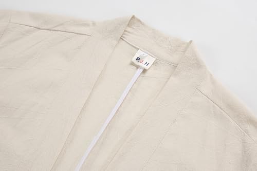 Image of Mens Japanese Kimono Cardigan Cotton Linen Haori Fashion 3 /4 Sleeve Yukata | Shawl Collar Kimono Jacket Robe Embroidery Patchwork Happi Coat Tie Pockets Lightweight Outerwear Daily Casual All Seasons