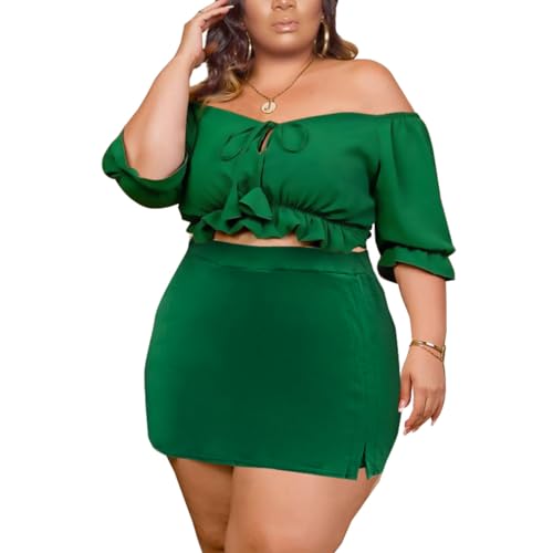Image of Women Plus Size Skirt Two Piece Outfit Short Sleeve Off The Shoulder Crop Top shorts Dress Suit Set