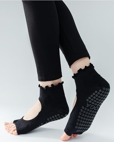 3 Pairs Pilates Socks Toeless with Grips Non Slip Ruffle Yoga Socks Grip Socks for Women2