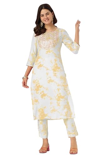 Image of Janasya Women's Yellow Silk Blend Tie & Dye Yoke Embroidered Straight Kurta Pant Set