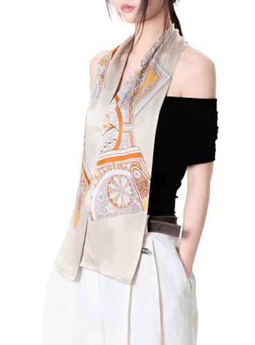 100% Mulberry Silk Double-Sided Dual Print Long Neck Scarf Hair Wrap Handbag Handle Ribbon Gift Wrapped for Women