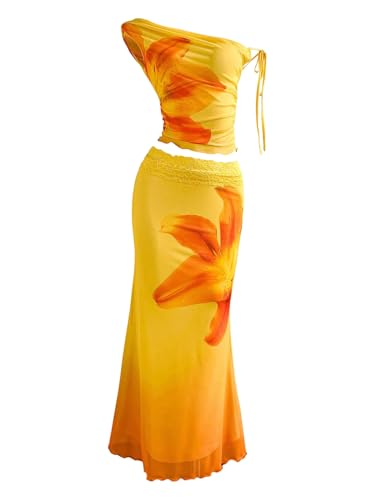 SOLY HUX Women's 2 Piece Outfit Floral Mesh Ruched One Shoulder Crop Tank Top and Bodycon Maxi Skirt Set Multicoloured Floral Medium