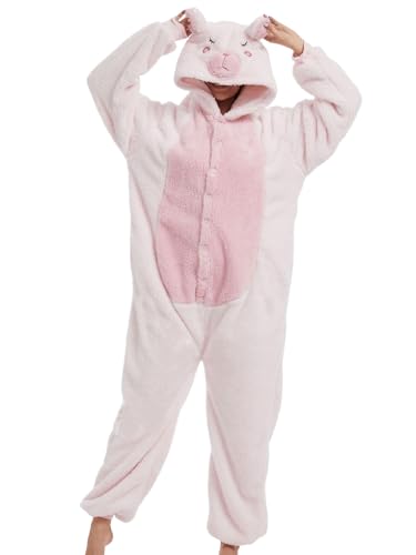 chuangminghangqi Pijama de una pieza para mujer, largo de invierno, disfraz de animal, disfraz para adultos, mono para mujer, pijama de forro polar, con capucha, Rosa., XL
