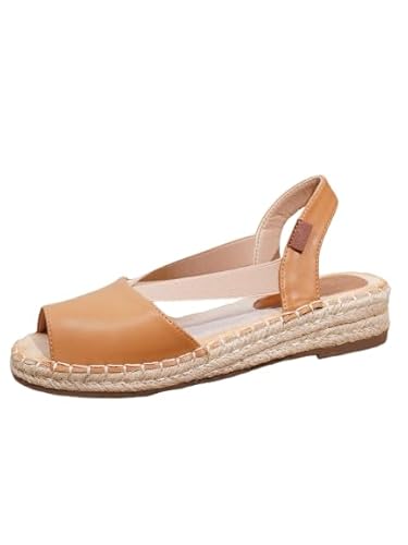 Women's Leather Slingback Espadrille Sandals, Tan Brown, Open Toe, Casual