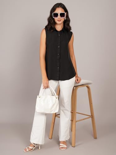 Image of Women Plus Size Sleeveless Button Down Shirt Polyester Formal Office Casual Wear Classic Fit Professional Shirt