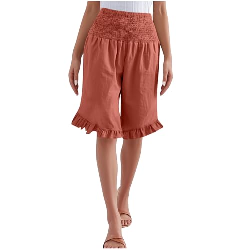 Linen Shorts for Womens Summer Fashion Flowy Ruffle Bottom Knee Length Short Pants High Rise Tummy Control Shorts Orange Medium