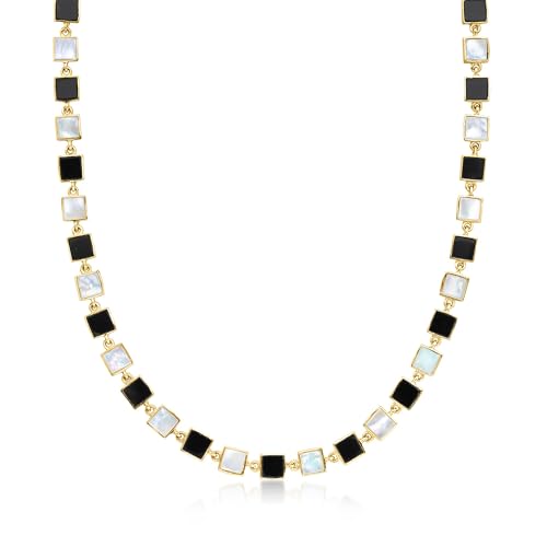 Ross-Simons Bezel-Set Onyx and Mother-Of-Pearl Station Necklace in 18kt Gold Over Sterling. 18 inches