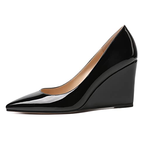 WAYDERNS Women's Solid Pointed Toe Office Patent Slip On Dress Wedge High Heel Pumps Shoes 3.3 Inch2