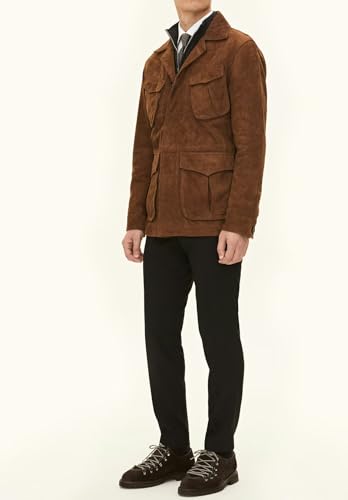 Mens Suede Leather Jacket Peaked Lapel Long Sleeve Solid Vintage Blazer with Pockets4