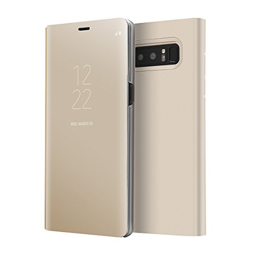 AICase Galaxy Note 8 Case, Luxury Translucent View Window Front Smart Sleep/Wake Up Function Mirror Screen Flip Electroplate Plating Stand Full Body Protective Case for Samsung Galaxy Note 8(Gold)