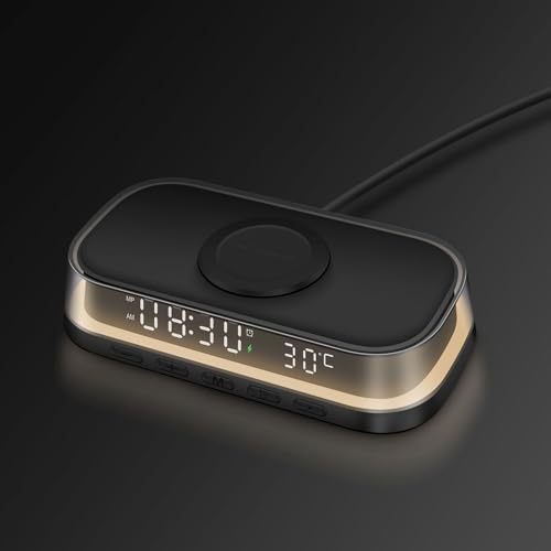 PDKUAI Nachttischlampe Wecker Digital mit Ladestation,15W kabelloses Schnell Ladegerät für iPhone/Samsung/Pixel, LED-Display mit Temperatur,Alarm Clock and USB-Anschluss Dimmbar Nachtlicht mit Uhr