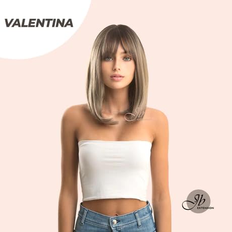 Miniatura 6 de VALENTINA - Peluca corta estilo Bob marrón claro con flequillo completo, raíces oscuras, pelucas rectas sin pegamento para mujer, longitud al