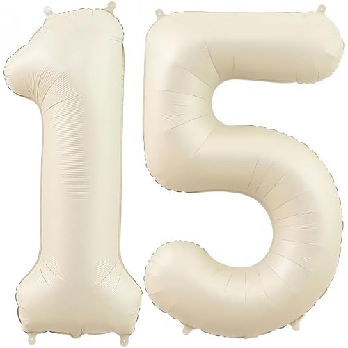 Cream 15 Balloon Number 40 Inch Cream Number 15 Balloon Helium Mylar Balloons for Birthday Party Decoration