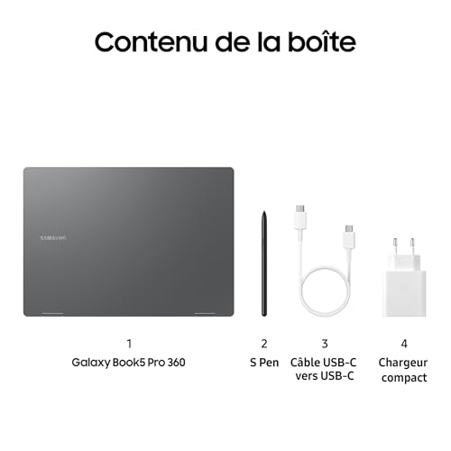 Samsung Galaxy Book5 Pro 360 16", Copilot+ PC, Ordinateur Portable avec IA, Processeur Intel Core Ultra 7, Mémoire 16 Go RAM, Stockage 512 Go, Clavier AZERTY Fr, Anthracite