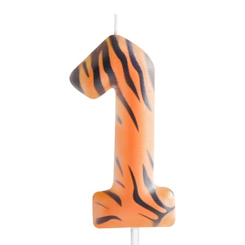 Zi Lan Tiger Stripe Birthday Candle Number 1, Jungle Animal Tiger Printed Cake Candle, Zoo Animal Themed Cake Toppers for Boys Girls Kids Birthday Party Decorations Supplies