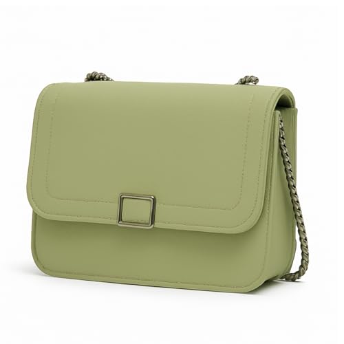 Bolsa Feminina em Couro Verde Claro Com Alça de Corrente Fecho Metálico Design Elegante 19cmx13,5cm
