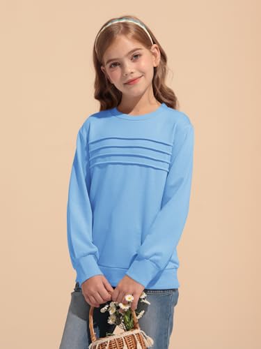 Haloumoning Kids Girls Crewneck Sweatshirt Casual Long Sleeve Pleated Front Casual Fall Pullover Tops 5-14 Years2