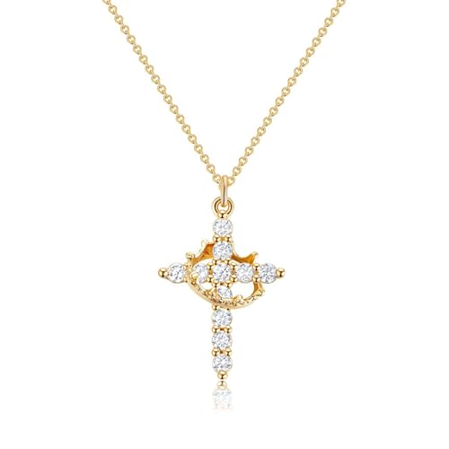 Dryxog Collier Croix avec Paver avec Tournante Couronne Pendentif Zirconium Brillant Chrétienne Cadeau Religieux Longueur Réglable Collier Pendentif pour Toutes Occasions Femmes (Or)