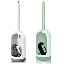 HAMITOR Toilet Bowl Brush Holder Set Deep Cleaning Silicone Toilet Cleaner Scrubber Under Rim with Curved Bristle for Bathroom Dead Corner Clean - Rv Toilet Decorative Accessories - White&Green