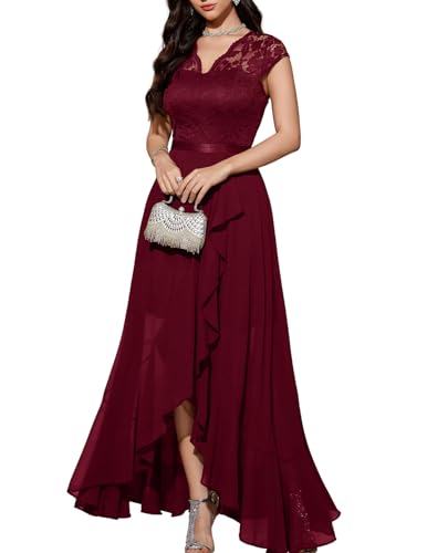 Bbonlinedress Rotes Kleid Damen Abendkleid elegant für Hochzeit Spitze Brautkleid Party Abschlusskleid lang Winter Ballkleid Dark Red S