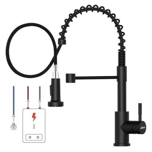 APPASO Robinet de cuisine basse pression noir, tuyaux chauds et froids certifiés KTW, robinet rotatif à 360° pour cuisine avec douchette extensible 2 modes, robinet de cuisine de printemps avec 3