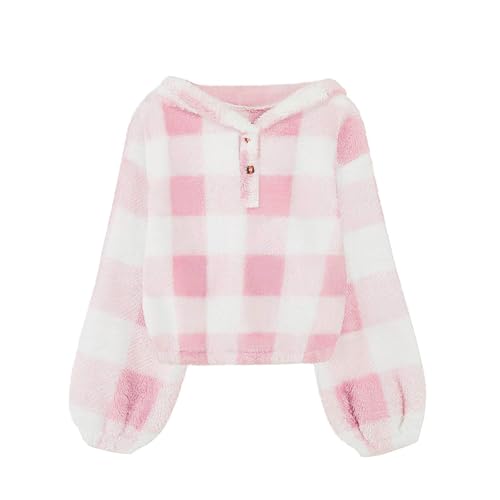 Girls Fuzzy Hoodies Plaid Warm Button Pullover Kids Trendy Preppy Oversized Warm Crop Plain Long Sleeve T-Shirt