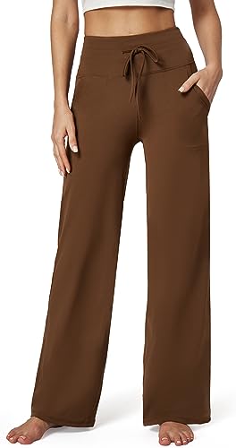 IUGA Yoga Pants Women Wide Leg Pants with Pockets High Waist Stretch Tummy Control Dress Casual Sweatpants Brown