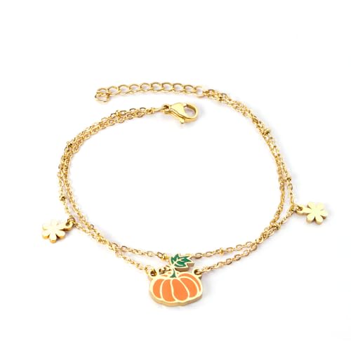 Image of IMINI Pumpkin Charm Enamel Bracelet for Women, Gold Plated Stainless Steel Layered Adjustable Chain 17+3 cm - Dainty Daisy Flower Link Halloween Autumn Jewellery