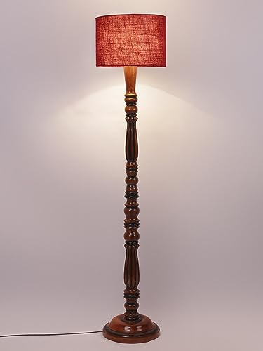 Image of Jute Modern Floor Lamp with Wooden Base - Height 56 Inches | Modern & Fashionable Standing Lamp for Living Room, Bedroom & Office | Stylish Home Decor Lighting in Elegant Maroon Shade