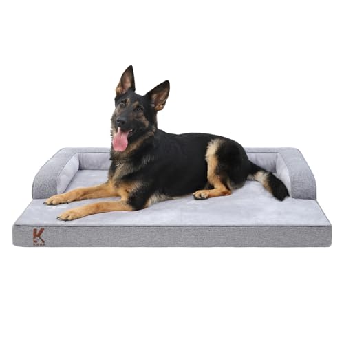 KSIIA Orthopädisches Hundebett Grosse Hunde, Hundekorb Bezug abnehmbar waschbar, Hundesofa Wasserdicht mit Rand, rutschfeste Unterseite, Grau, 104x68x17cm