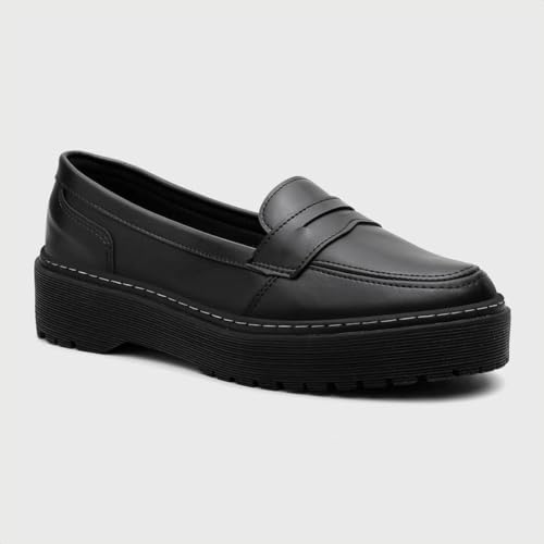 Mocassim Feminino Flatform Tratorado Liso Conforto Casual + Preto