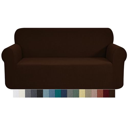 CHUN YI 1 Piece Jacquard Checks Stretch Fabric Couch cover, Stylish Sofa Slipcover For 3 Seater Sofa Couch Durable Furniture Protector(3 Seater,Chocolate)