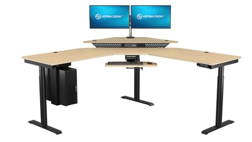 Image of VERSADESK 72 inch x 72 inch Electric L-Shaped Corner Standing Desk, Commercial Grade Height Adjustable Sit Stand Workstation, Ergonomic Computer Desk for Home Office, Black Frame, Maple Surface