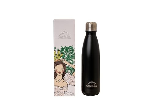 GANZARIA Borraccia termica - 500ml - Acciaio Inox, Bottiglia termica Senza BPA per Scuola, lavoro, ufficio, design elegante 100% Sostenibile, Doppia Parete (NERO) - Immagine 1