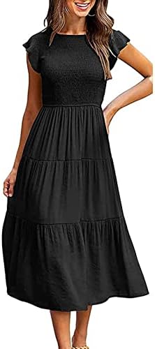 Yuson Girl zomerjurken voor dames, boho maxi strandjurk, lange zwierige jurk met ronde hals, ruches op de mouwen, gesmokte taille en gelaagde rok, Zwart, M