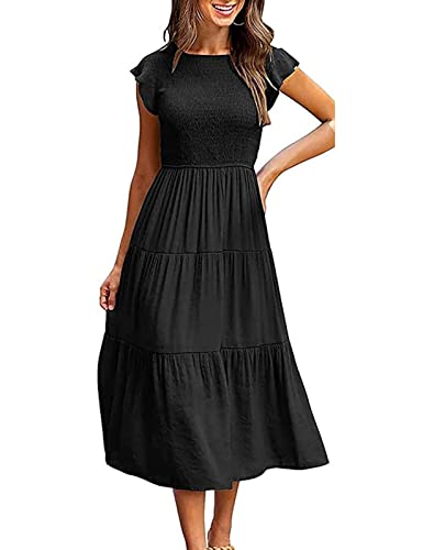 Yuson Girl Kleid Damen Sommerkleid Lang Casual Rundhals Flatterärmel Maxikleider Sommer Knielang Strandkleid Elastische Taille Lang Kleider Gestuftes...