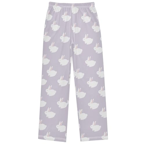 Boy's Pj Pants Cute White Rabbit Easter Pale Lilac Lounge Bottoms Elastic Waist Kids Joggers with Pockets Size 6-14