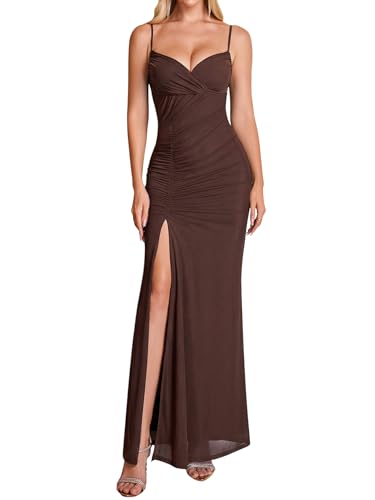 URYIAO Formal Elegant Ruched Maxi Dress for Women Spaghetti Strap Slit V Neck Bodycon Long Cocktail...