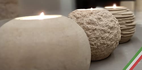 Set Of 3 Mixed Stone Spheres Candle Holders Smooth Rough Grooved Handmade In Italy - Incl Gift Box, Candles & Blank Message Card - Home Decor Coffee Side Tables Centerpieces #TOP8