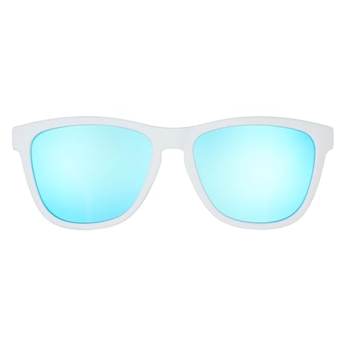 goodr Iced By Yetis Polarized Sunglasses for Men & Women, Medium Sized (OG), White Solid Frame with Blue Mirrored Reflective Lens, UV400 Protection, No Slip, No Bounce