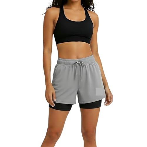 Image of Women's 2-in-1 Athletic Shorts with Inner Tights Layer, Drawstring Waist, for Running, Gym & Sports, Plus Size S to 6XL