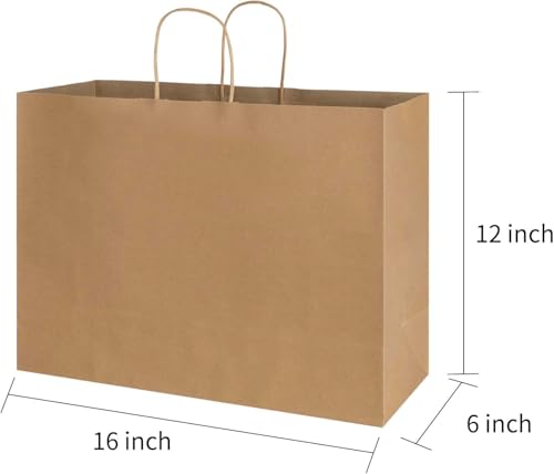 Image of Brown Paper Bags with Handles- 50pcs 16 inchx5 inchx12 inch Large Paper Carry Bags for Shopping, Retail Merchandise, Party Favor Return Gifting Paper Covers