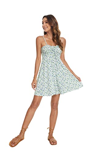 Image of Missufe Spaghetti Strap Floral Mini Dress Women's Casual Ruched Front Drawstring Swing Sundress